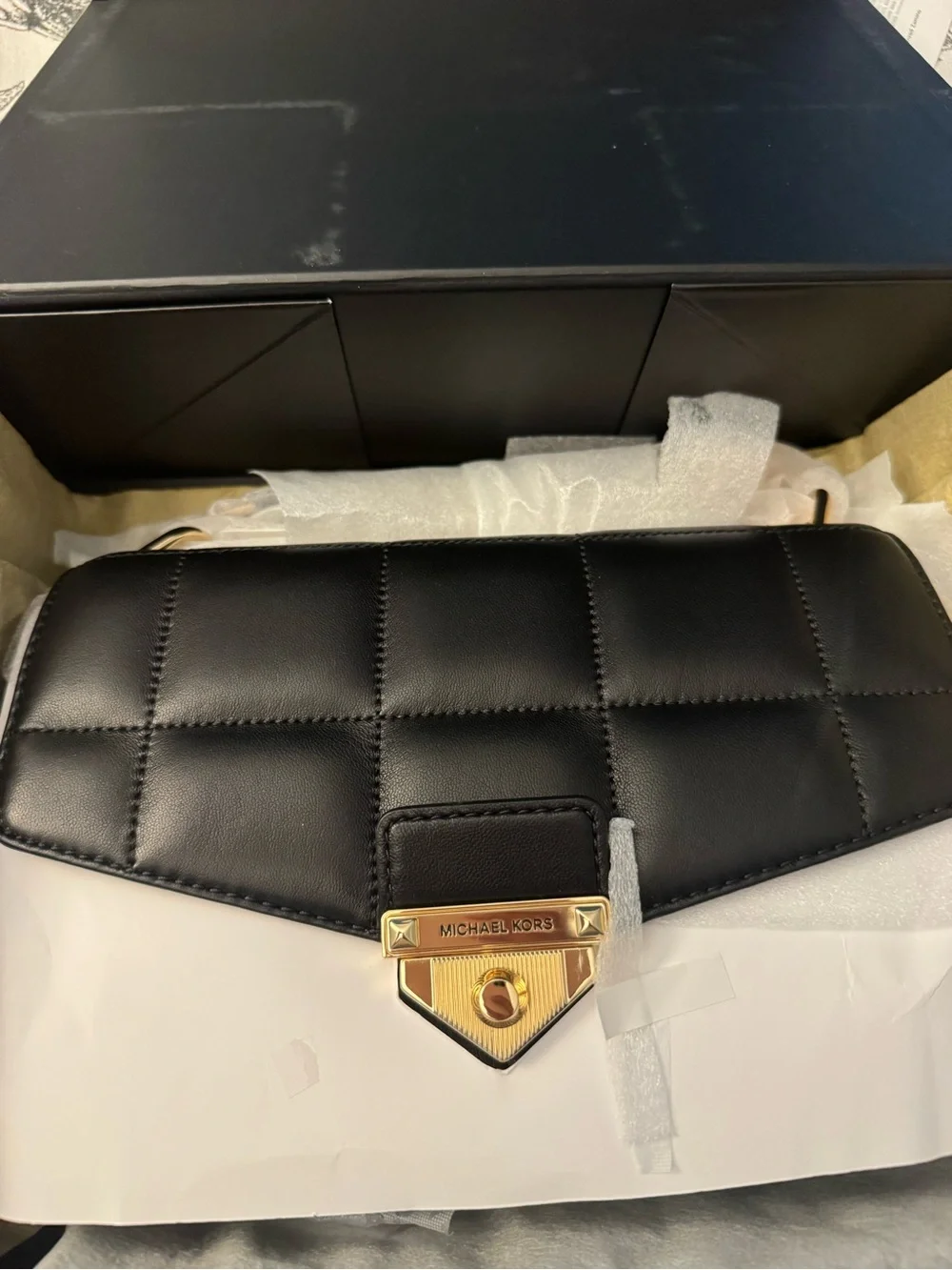 Michael Kors Black Quilted Crossbody Bag with Gold Hardware